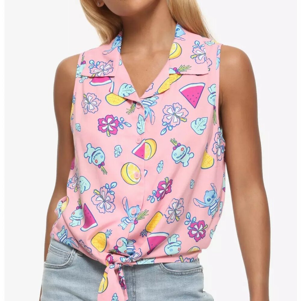 Hot Topic Disney Lilo & Stitch Flowers & Fruit Tie-Front Pink Tank Top Size 2X